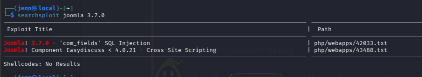 searchsploit results for joomla 3.7.0 showing CVE-2017-8917 SQLi exploit